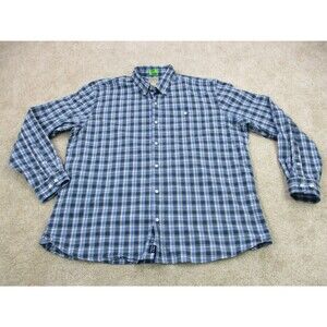 LL Bean Shirt Mens XL Blue Green Plaid Cotton Stretch Long Sleeve Button Up